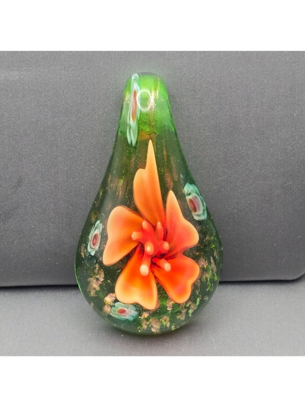 Artisan Glass Teardrop Pendant Necklace Orange Floral Millefiori Gold Foil - Picture 3 of 16